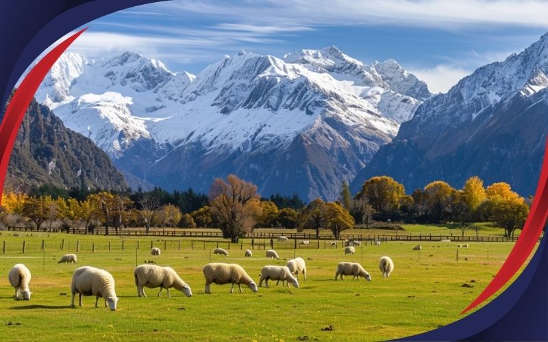 Scenic view of sheep grazing in a field with a backdrop of snow-covered mountains, Garaldine, May 2024, New Zealand